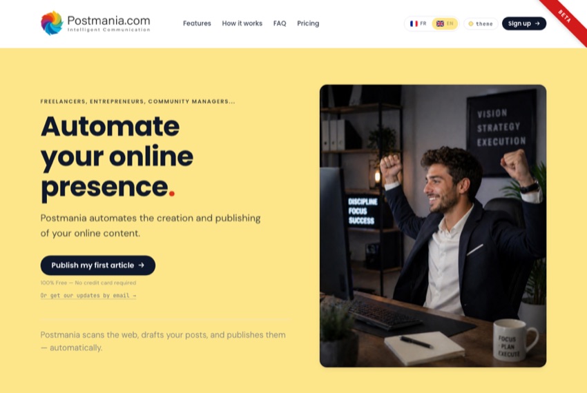 Preview of Postmania.com — the AI content-marketing SaaS built by Boris Dhoye