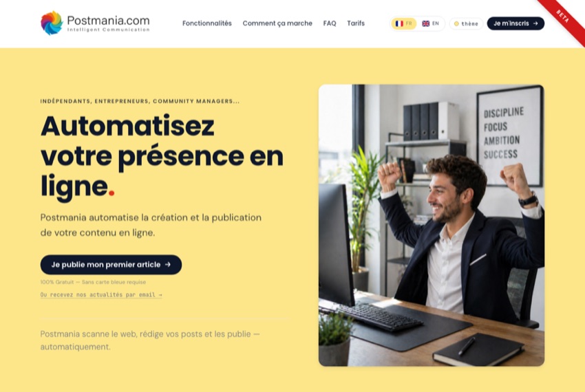 Aperçu de Postmania.com — le SaaS IA de content marketing conçu par Boris Dhoye